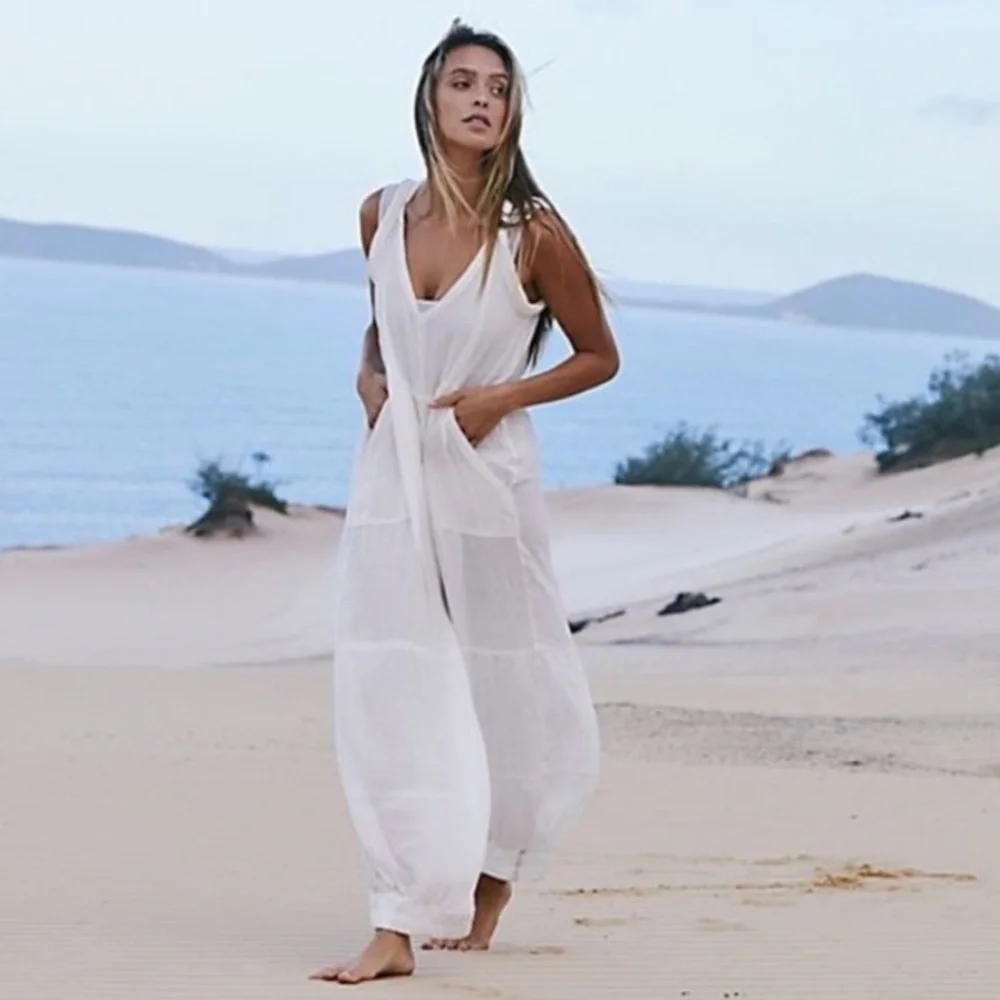 Free People Movement jumpsuit flowy halter strap pockets white - Picture 3 of 3